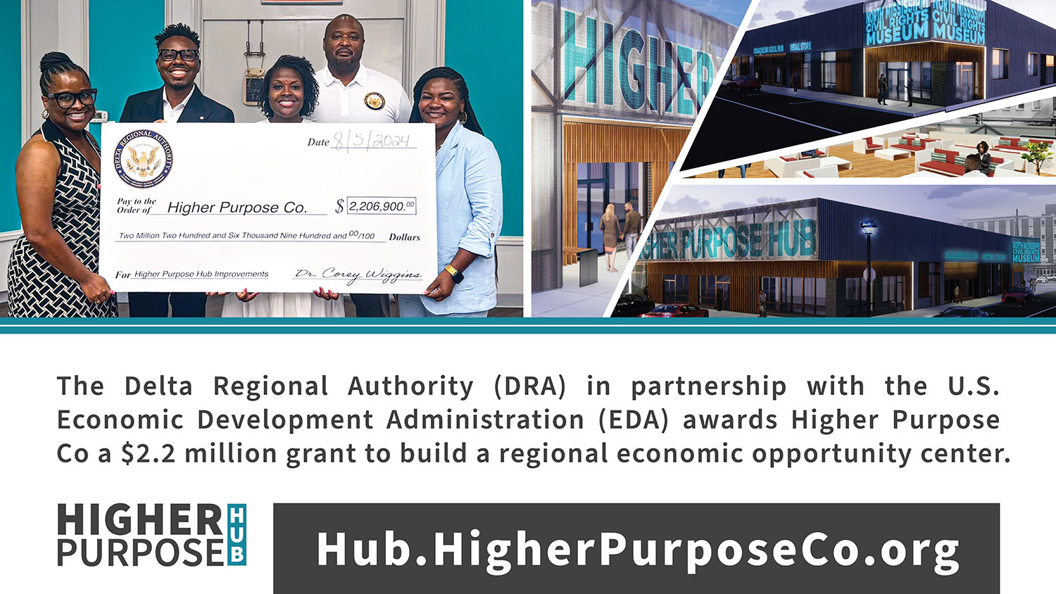Featured image for “Higher Purpose Co. awarded a $2.2 million Federal Grant to Build a Regional Economic Opportunity Hub in Mississippi.”